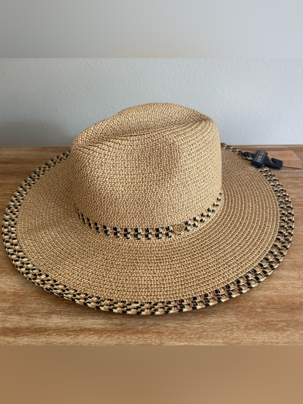 NWT Steve Madden Natural and Black Woven Straw packable hat.